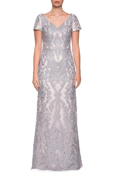 Shop La Femme Embroidered Lace Column Gown In Pink/ Grey