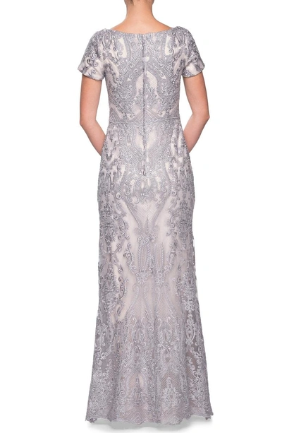 Shop La Femme Embroidered Lace Column Gown In Pink/ Grey