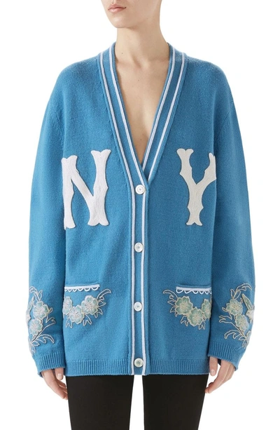 Shop Gucci Ny Embroidered Wool Cardigan In Blue