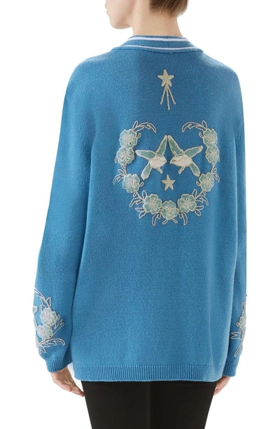 Shop Gucci Ny Embroidered Wool Cardigan In Blue