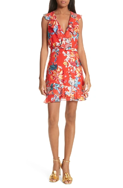 Shop Saloni Cece Floral Print Ruffle Trim Dress In Coral Begonia