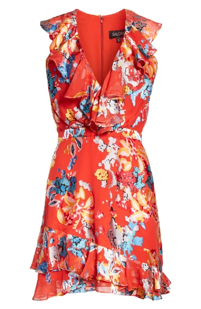 Shop Saloni Cece Floral Print Ruffle Trim Dress In Coral Begonia