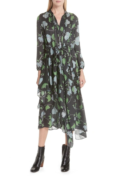 Shop Christian Wijnants Floral Print Asymmetrical Silk Charmeuse Dress In Hibiscus Black