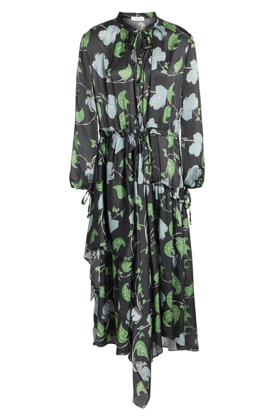 Shop Christian Wijnants Floral Print Asymmetrical Silk Charmeuse Dress In Hibiscus Black