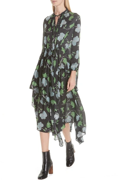 Shop Christian Wijnants Floral Print Asymmetrical Silk Charmeuse Dress In Hibiscus Black