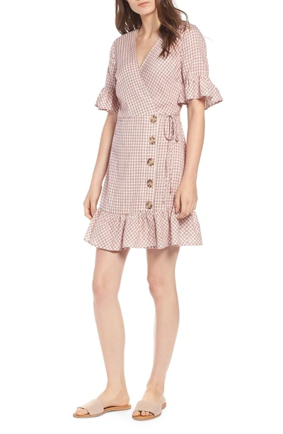 Shop Moon River Gingham Ruffle Sleeve Wrap Dress In Wine Gingham