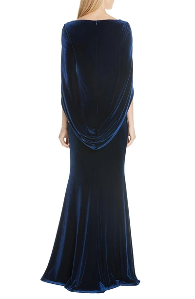 Shop Badgley Mischka Velvet Drape Sleeve Gown In Sapphire