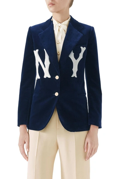 Shop Gucci Ny Patch Velvet Jacket In Blue