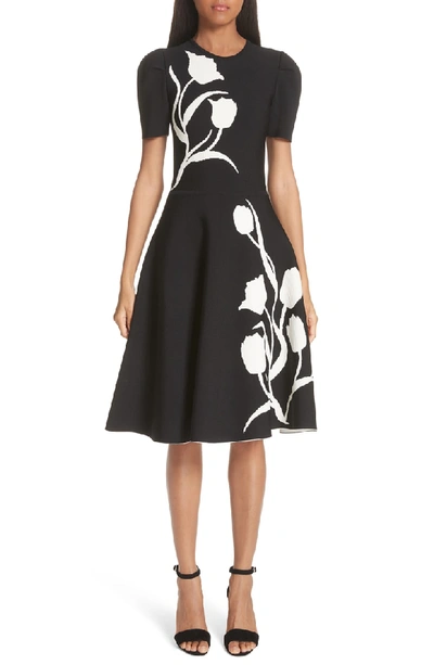 Shop Carolina Herrera Floral Detail Knit Fit & Flare Dress In Black/ White