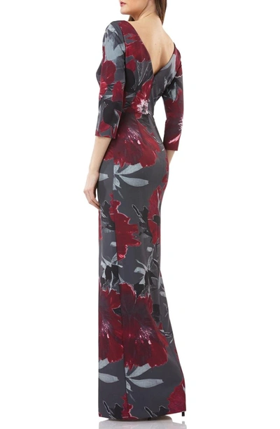 Shop Kay Unger Floral-print Gown In Burgundy/ Charcoal