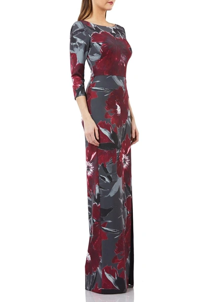 Shop Kay Unger Floral-print Gown In Burgundy/ Charcoal