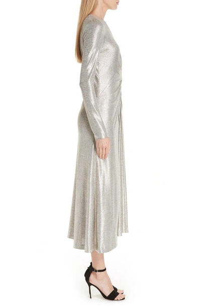 Shop Galvan Twist Detail Metallic Dress In Platinum