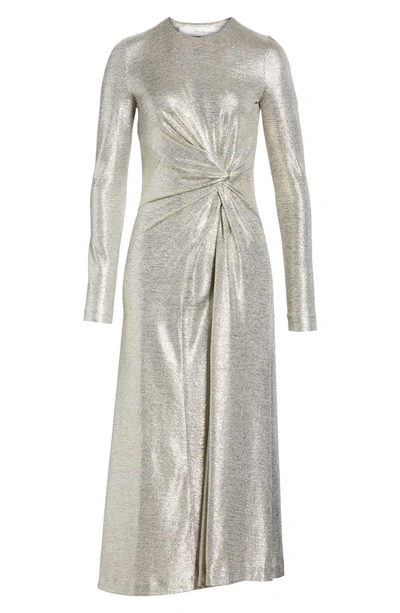 Shop Galvan Twist Detail Metallic Dress In Platinum