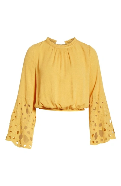 Shop Moon River Eyelet Bell Sleeve Crop Top In Gold