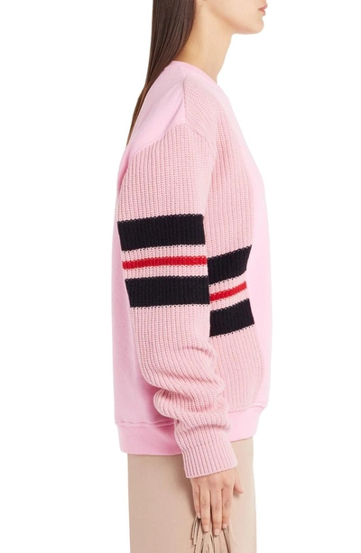 Shop Msgm Stripe Mixed Media Sweater In Knit Pink/ Line Red/ Black