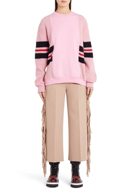 Shop Msgm Stripe Mixed Media Sweater In Knit Pink/ Line Red/ Black