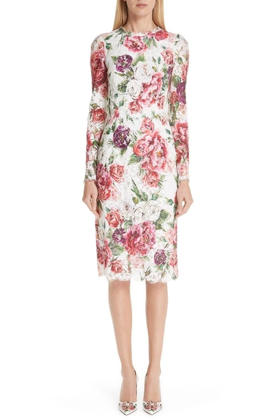 Shop Dolce & Gabbana Peony Print Lace Dress In Peonie