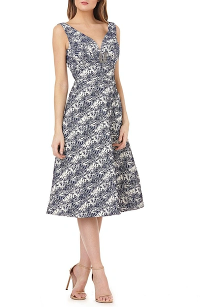 Shop Kay Unger Sleeveless Jacquard A-line Tea Length Dress In Navy Multi