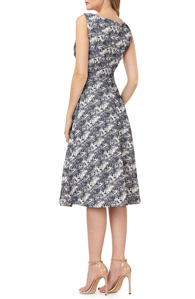 Shop Kay Unger Sleeveless Jacquard A-line Tea Length Dress In Navy Multi