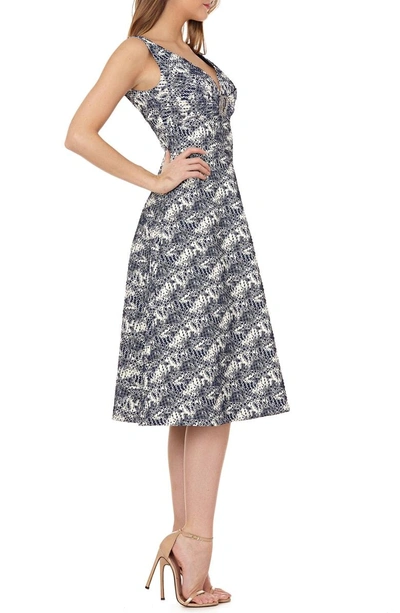 Shop Kay Unger Sleeveless Jacquard A-line Tea Length Dress In Navy Multi