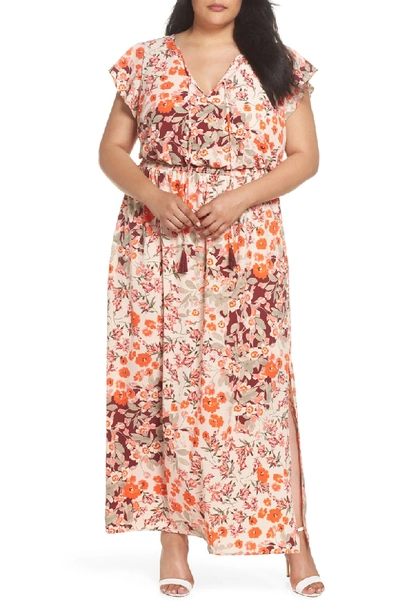 Shop Adrianna Papell Floral Ruffle Sleeve Maxi Dress In Geranium Multi