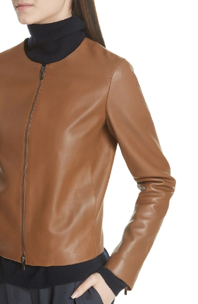 Shop Vince Collarless Leather Jacket In Saddle