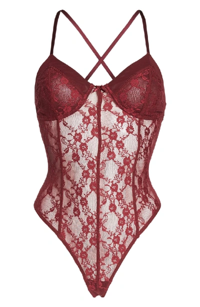 Shop Free People Intimately Fp Runaway Lace Thong Bodysuit In Raspberry