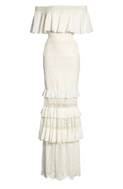 Shop Tadashi Shoji Off The Shoulder Crochet Gown In Ivory/ Primrose