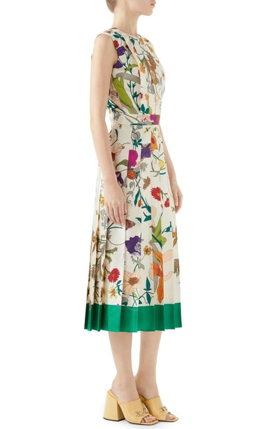 Shop Gucci Flora Gothic Print Silk Pleated Midi Dress In Ivory