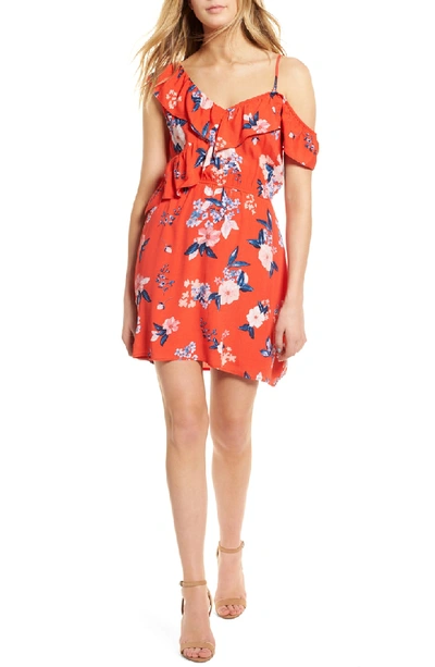 Shop Cupcakes And Cashmere Cordetta Floral Asymmetrical Ruffle Dress In Poppy Red