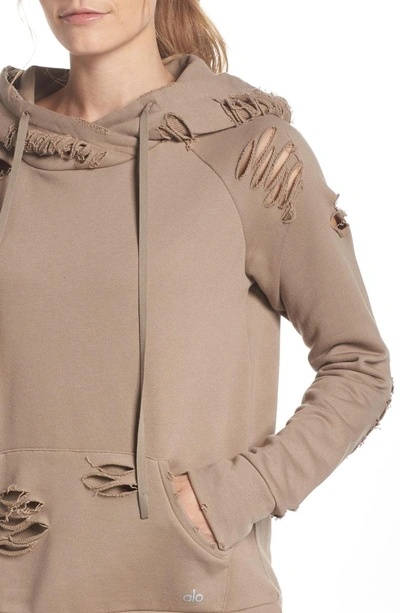 Shop Alo Yoga Ripped Hoodie In Gravel