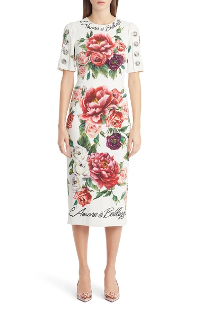 Shop Dolce & Gabbana Jewel Button Peony Print Cady Dress In Peonie
