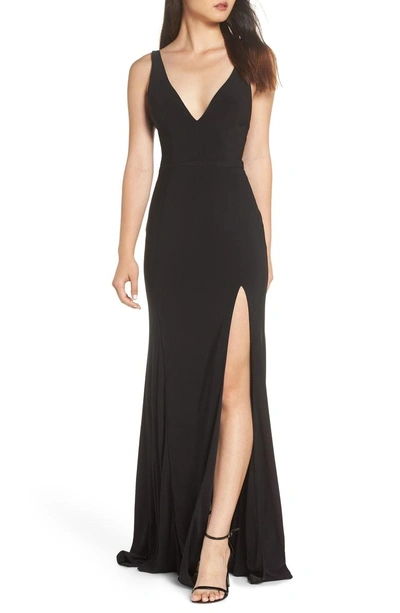 Shop Mac Duggal Deep V-neck Slit Jersey Gown In Black