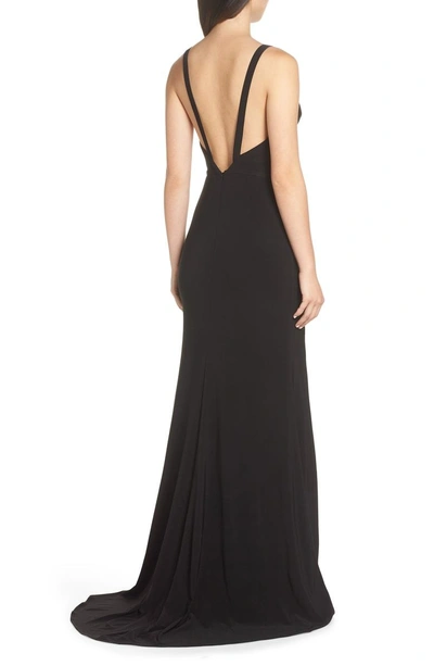 Shop Mac Duggal Deep V-neck Slit Jersey Gown In Black