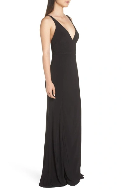 Shop Mac Duggal Deep V-neck Slit Jersey Gown In Black