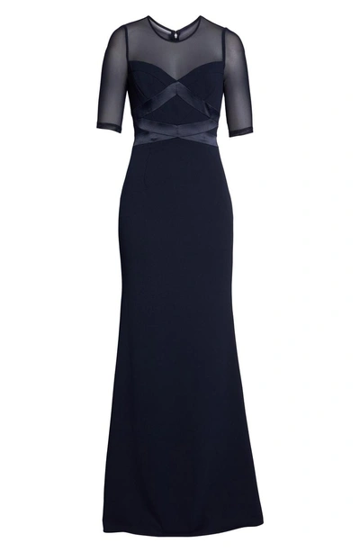 Shop Adrianna Papell Satin Trim Crepe Trumpet Gown In Midnight
