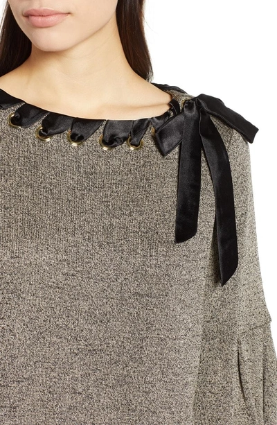 Shop Ming Wang Ruffle Sleeve Ribbon Tie Shimmer Sweater In Black/ Cedar