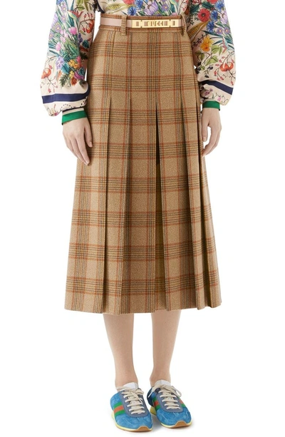 Shop Gucci Logo Belt Plaid Midi Skirt In Brown