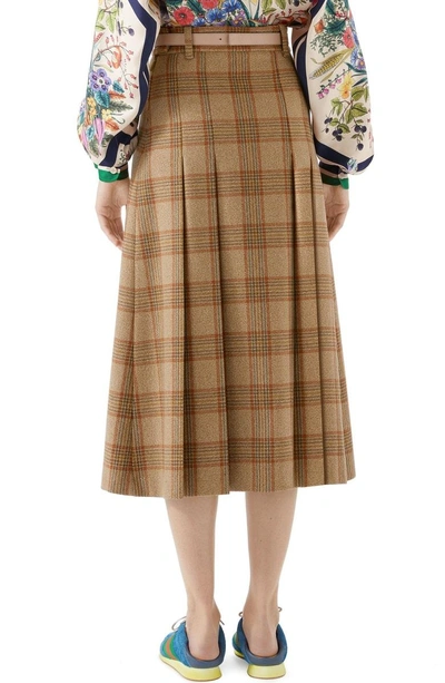 Shop Gucci Logo Belt Plaid Midi Skirt In Brown