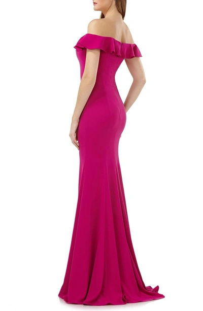 Shop Carmen Marc Valvo Infusion Off The Shoulder Ruffle Neck Gown In Fuchsia