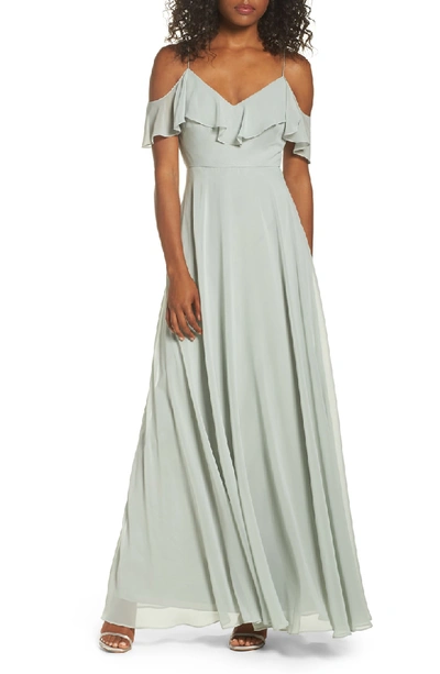 Shop Jenny Yoo Cold Shoulder Chiffon Gown In Morning Mist