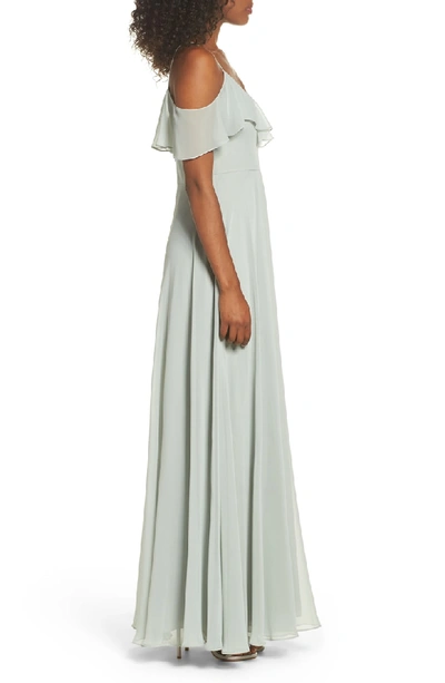 Shop Jenny Yoo Cold Shoulder Chiffon Gown In Morning Mist