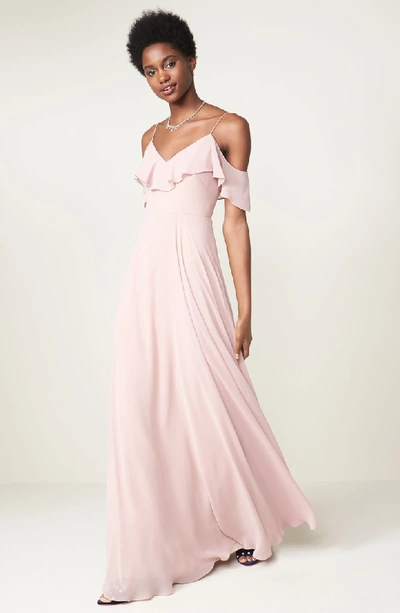 Shop Jenny Yoo Cold Shoulder Chiffon Gown In Whipped Apricot