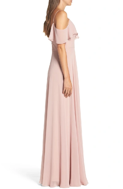 Shop Jenny Yoo Cold Shoulder Chiffon Gown In Whipped Apricot