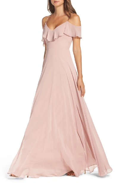 Shop Jenny Yoo Cold Shoulder Chiffon Gown In Whipped Apricot