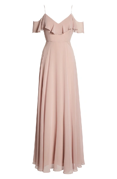 Shop Jenny Yoo Cold Shoulder Chiffon Gown In Whipped Apricot