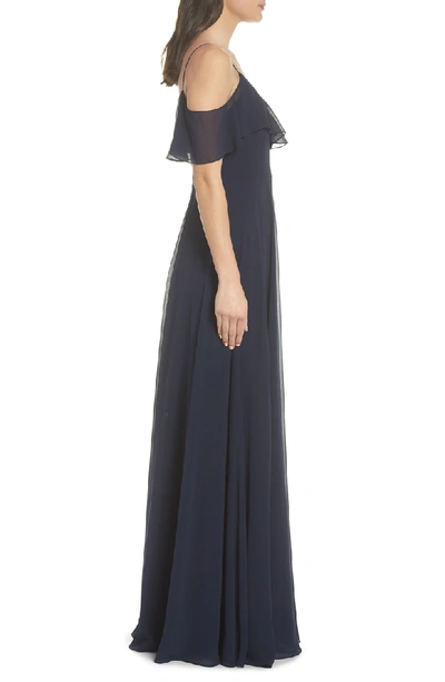 Shop Jenny Yoo Cold Shoulder Chiffon Gown In Navy