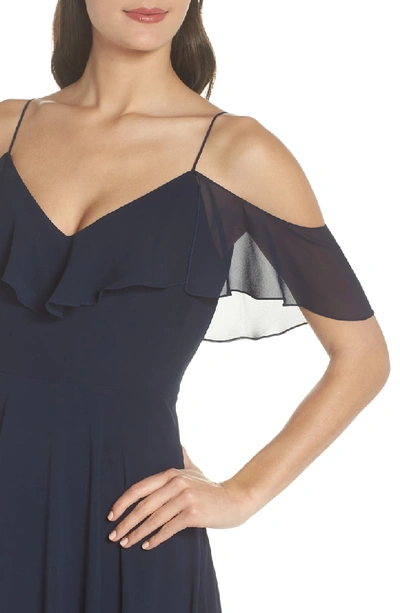 Shop Jenny Yoo Cold Shoulder Chiffon Gown In Navy
