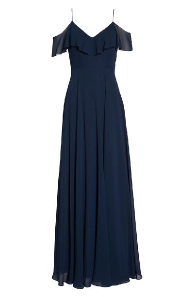 Shop Jenny Yoo Cold Shoulder Chiffon Gown In Navy