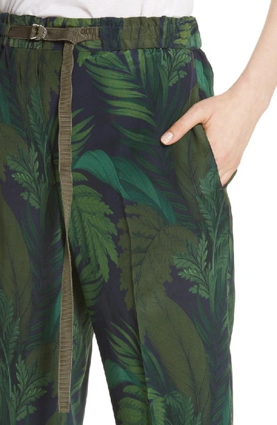 Shop Moncler Palm Print Crop Silk Pants In Navy/ Green